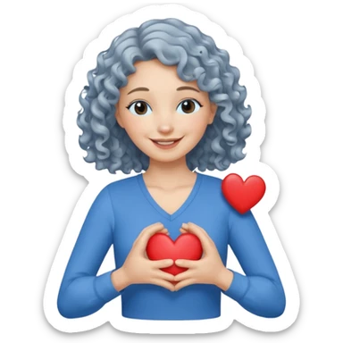Silver, wavy/curly hair chin-length lady giving hug with 2 arms, blue v-neck and smilingm add a heart sticker