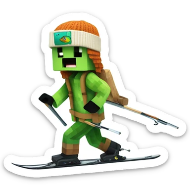 Minecraft Creeper wearing a beanie that looks like a fish and skiing sticker
