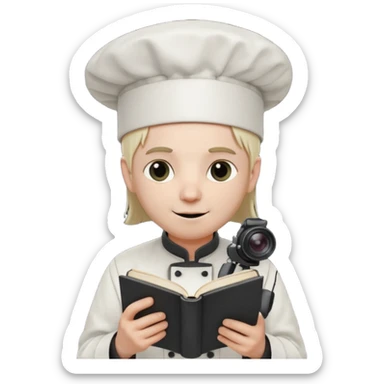 ["A happy man with pale skin, straight hair, wearing a chef hat and no glasses, dressed in goth fashion, is reading a book while holding a camera."] sticker