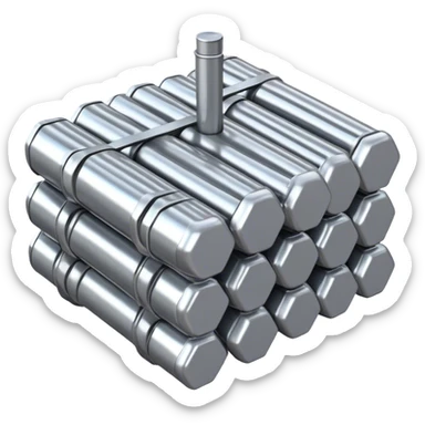 A bundle of uranium fuel rods used in a nuclear reactor, with a metallic silver or gray structure and cylindrical rods, arranged in a hexagonal grid, realistic and industrial style, no green color, only metallic shades. sticker