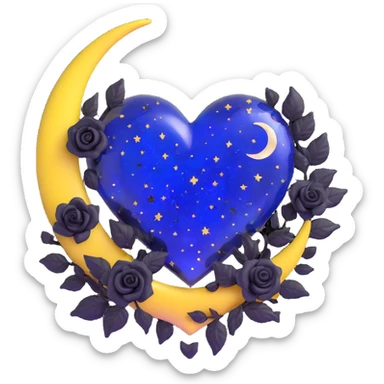 gothic heart made of midnight blue glass with a silver crescent moon, tiny black roses, shimmering stardust, confetti burst effect sticker