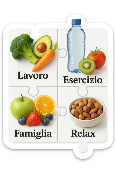 Puzzle (Lavoro, Esercizio, Famiglia, Relax), and healthy foods are integrated into each piece. in italiano sticker