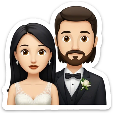 couple, a white woman with long black hair, and a white man with short brown hair goatee mustache, wedding sticker