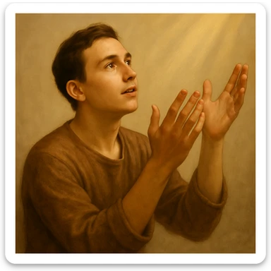 Remove the beard and make the man look 20 years old, keep the praying pose and peaceful expression, maintain the original style and appearance. sticker