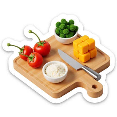 Ingredients on teh wooden cutting board with floating list sticker