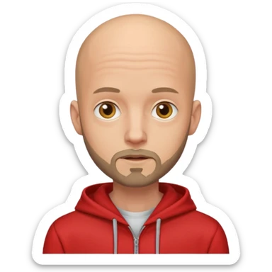 Skinny bald man in a red hoodie with a very short beard sticker