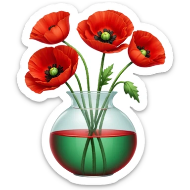 three big realistic poppy flowers in a clear vase with clear water sticker