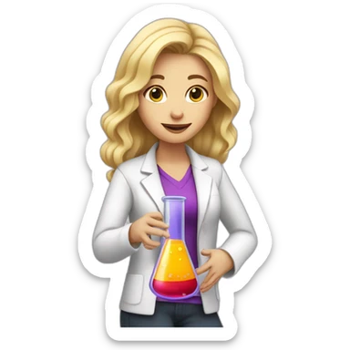 chemistry blonde woman holding a beaker containing a purple solution sticker