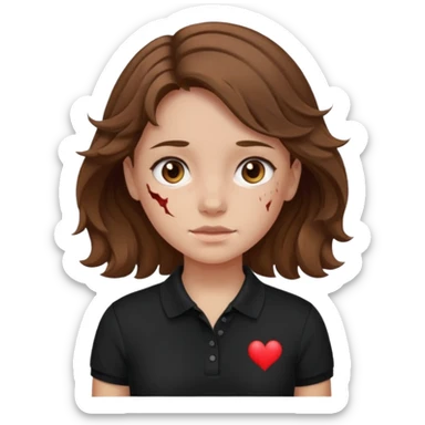 crie uma garota com ferimentos cabelo ondulado 2c castanho e blusa polo básica preta sticker