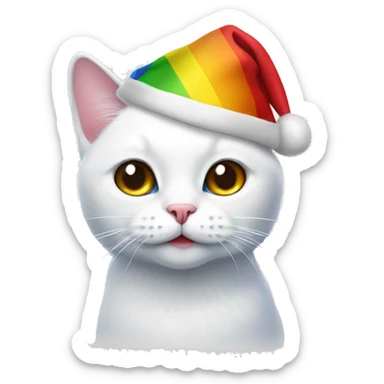 White cat with Christmas cap holding an lgbt flag sticker