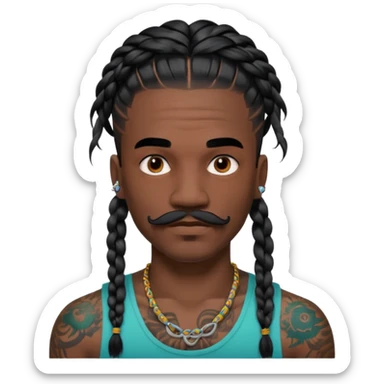 big lose braids starting from the top of the head man with mustache face wiith big visible loose only two braids and lots and lots of colored face tattoos colored tattoos like a tattoo artist hair unique color sticker