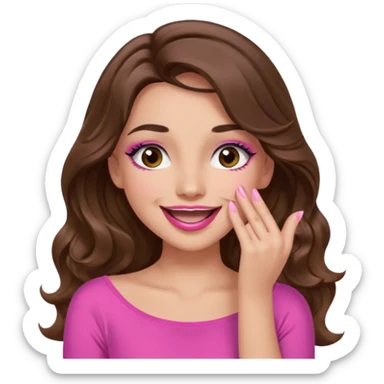 girl with long wavy brown hair, brown eyes, long lashes makeup, pink lips, light to medium complexion, pink sexy top, smiling, hand covering the mouth, giggling sticker
