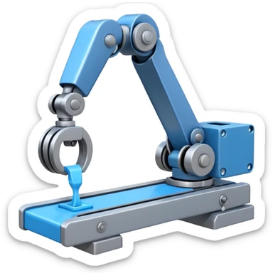 robot arm which is picking blue block on conveyor belt sticker