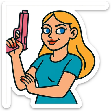 white girl, blue eyes, pink nails, holding a pink gun, playful and sassy vibe sticker