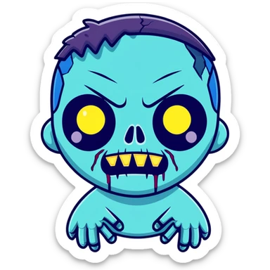 blue zombie face with bright glowing eyes and white outline sticker