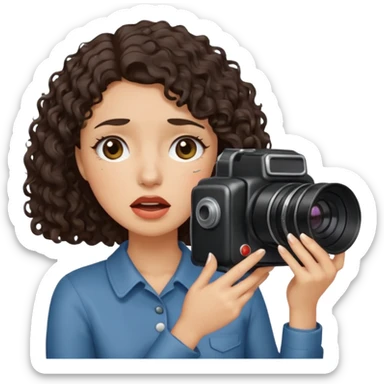 Woman with chin length dark curly hair holding a camera softly crying sticker