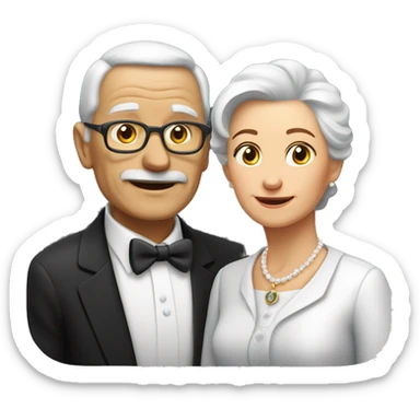 AN ELDERLY COUPLE, dressed formal, wearing black name tags on the left side of the chest sticker