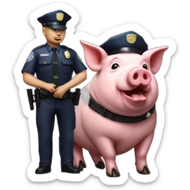 Photorealistic pig Kitted out police officers with donut and service sidearm and pig face sticker