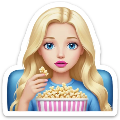 Cinematic realistic blonde with long hair, blue eyes and painted pink lips, watching TV and eating popcorn sticker