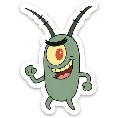 Plankton from Spongebob, mischievous expression, green, one eye, cartoon style sticker