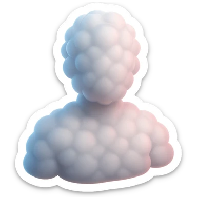 person made entirely of white fluffy convex clouds with a soft pink glow, shoulder up, front view, matte glass style, no background sticker