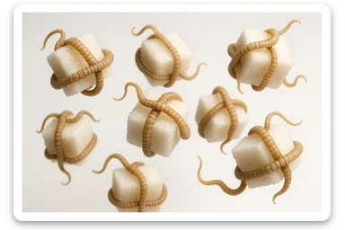 ZOLLETTE DI ZUCCHERO CON PARASSITI TIPO LA TENIA ARROTOLATE INTORNO AD OGNI ZOLLETTA, FLUTTUANO IN ARIA SU SFONDO BIANCO, IPERREALISTICO 4K sticker