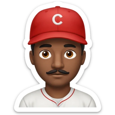 A dark-skinned man with a baseball cap, brown eyes, and a thin black mustache. sticker