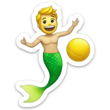 Underwater happy bold man mermaid swimming, holding a small yellow ball, winning enthousiasm sticker