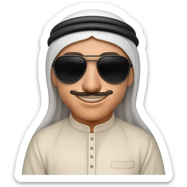 Add stylish sunglasses to the Emirati man wearing traditional white kandura and ghutra, maintaining a friendly expression. The image should have no background. Preserve the traditional attire and the friendly vibe clearly in the style of an edited image. sticker