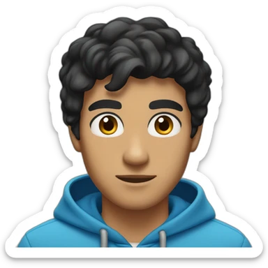 Tan skin with black hair and thick eyebrows young handsome adult male wearing a blue hoodie sticker