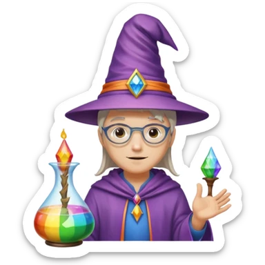 costume, wearing wizard hat custome, with glass vase, rainbow sticker
