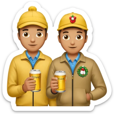 16 men on a golf trip wearing yellow golf caps all holding a beer can with a Xmas style label. Has to be 16 of them. sticker