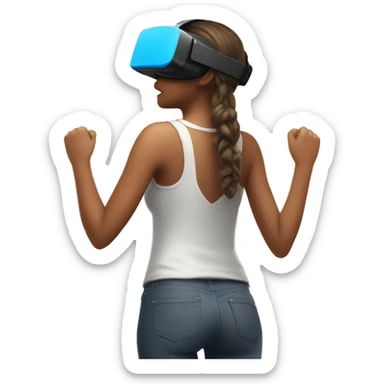 a girl winning a VR game facing the wall and showing her back sticker
