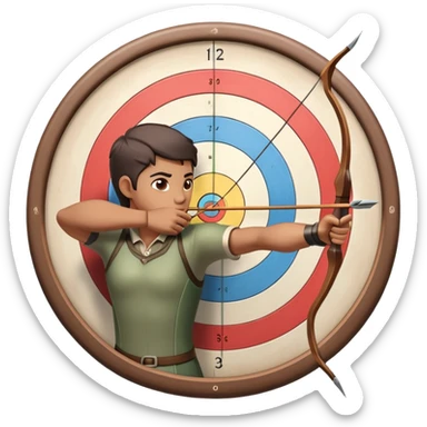 An archer drawing a bow and aiming an arrow at a target, with perfect focus and precision. The target is visible in the background, featuring concentric rings. The scene captures the concentration and skill involved in archery, emphasizing the elegance and accuracy of the sport. sticker