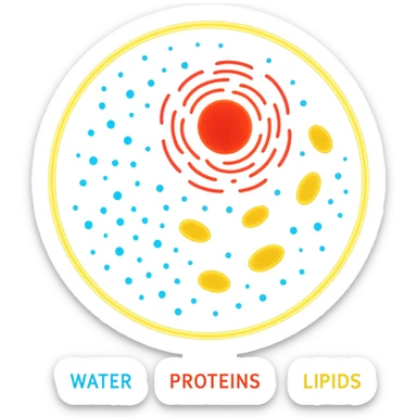 Zelle, deren Inhalt leuchtet in verschiedenen Farben (z. B. blau für Wasser, rot für Proteine, gelb für Lipide sticker