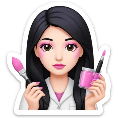 Pink Nail Tech with black long hair holding small acrylic brush sticker