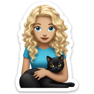 blonde girl with curly hair and blue eyes holding a black cat sticker