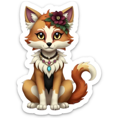 Multicolored gloomy dark edgy Victorian spooky hot warm badass realistic floral exotic Falvie-Fionbri-fursona, full body, wearing jewelries sticker
