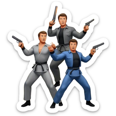 Icon for Action Movies: Collage of photorealistic actors Arnold Schwarzenegger and Sylvester Stallone, surrounded by explosions, weapons, and martial arts moves. The design should capture the high-energy, dynamic nature of their films. Transparent background. sticker