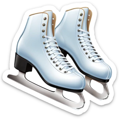An icon showing elegant figure skates in close-up on a glossy ice surface, with a graceful skater performing in the background. The scene is set inside a grand indoor ice arena with spotlights, decorative banners, and a cheering audience. Transparent background. sticker
