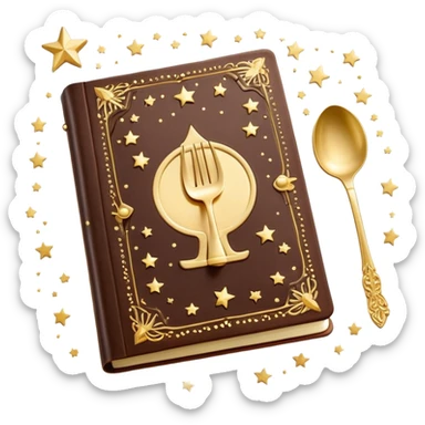 Magical glowing cookbook with a sparkling fork and spoon symbol on the cover, surrounded by tiny stars and magical sparkles sticker