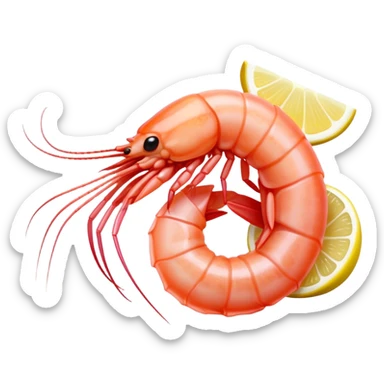 Cinematic glistening shrimp, pink and juicy, slightly curled with a light char, served with lemon wedges, ultra-detailed and fresh, warm glowing background. sticker