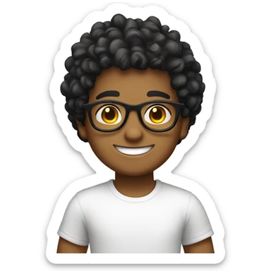 a tan skin, black curly hair boy wearing glasses wearing white t shirt smiling  sticker