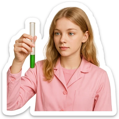 blonde girl with green-grey eyes, dressed in pink clothes, holding a test tube, chemist style sticker