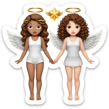 fake angel pose — long wavy brown hair tattooed woman and short tight curly brown hair woman — halo sparkle sticker