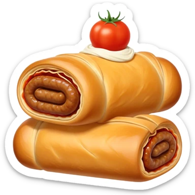 cinematic-realistic-sausage-roll-dish-emoji,-depicted-with-a-crisp,-golden-pastry-wrapped-around-flavorful-sausage,with tomatoe sauce on top sticker