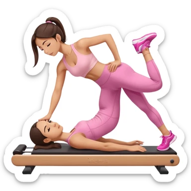 white brunette girl in light pink workout clothes doing a plank on a reformer sticker