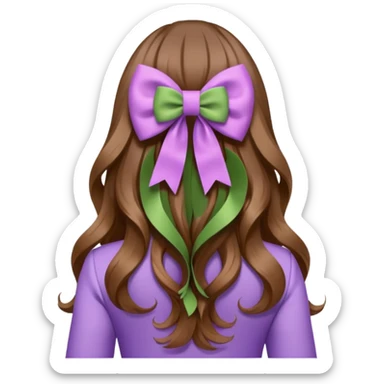 long wavy brown hair from behind with a medium lilac bow sticker