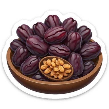 small cluster of raisins, dried, deep brown to purplish, wrinkled, glossy, irregular shriveled, soft curves, subtle texture, no stems, no bowl, no garnish, soft lighting, transparent background, emoji scale sticker