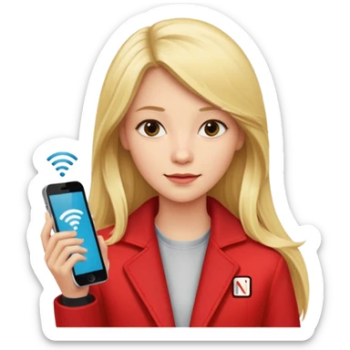 mujer  joven rubia con pelo largo y saco rojo con modem de internet y wifi con netflix sticker